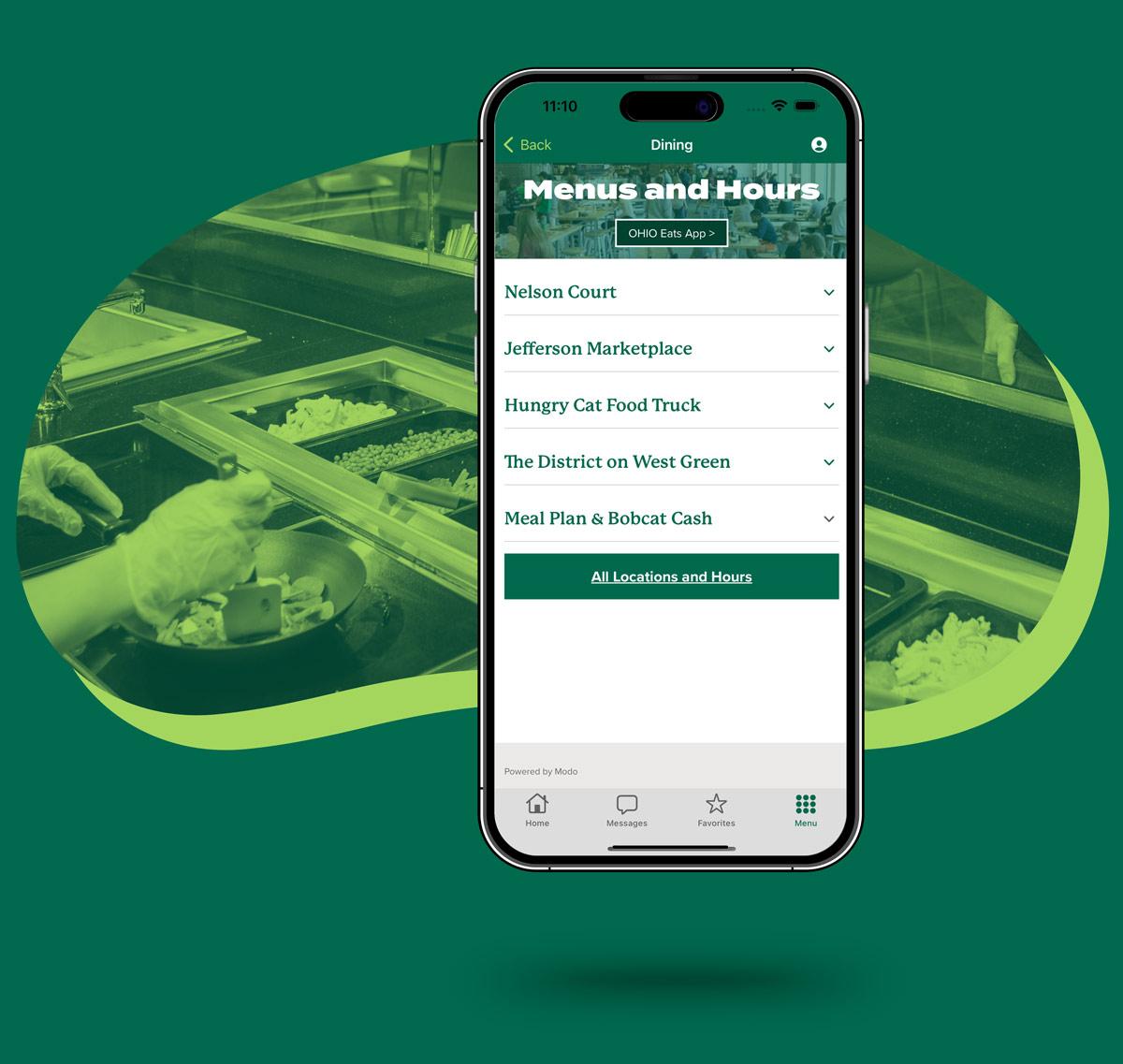 Go OHIO screenshot of dining halls with photo of food services