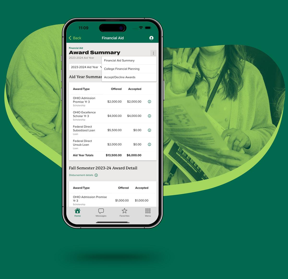 Screenshot of Go OHIO Financial Aid info with photo of parent meeting with advisor
