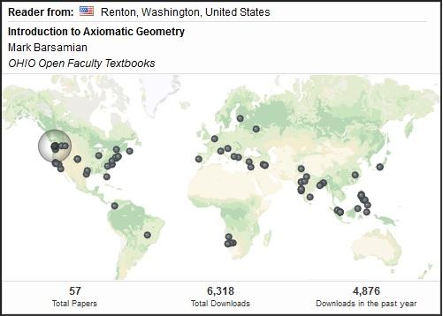Screenshot of an example of an interactive world map, showing where readers of a publication in the OHIO Open Library are located